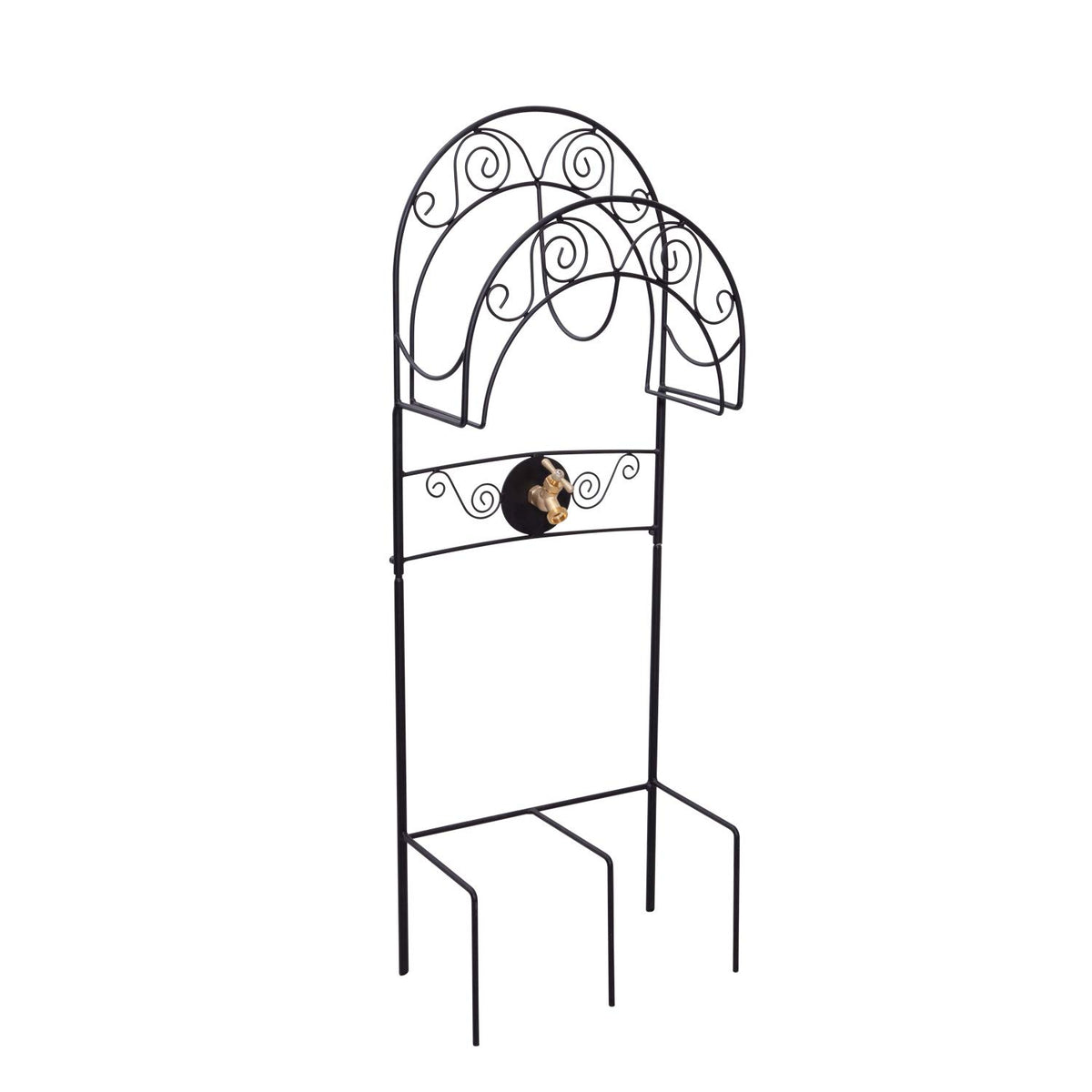 Liberty Garden front view of black satin hose stand showing overall design and neat storage