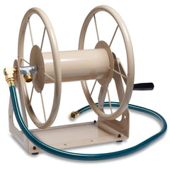 Liberty Garden front view showing tan hose reel and quick-access storage benefit