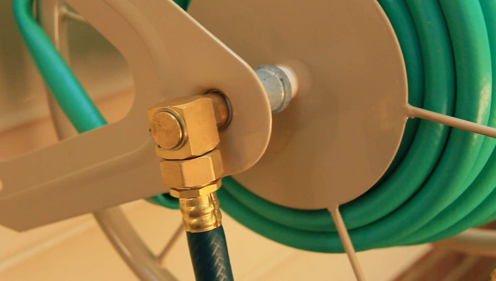 Liberty Garden leader hose connection close-up offering fast-start watering