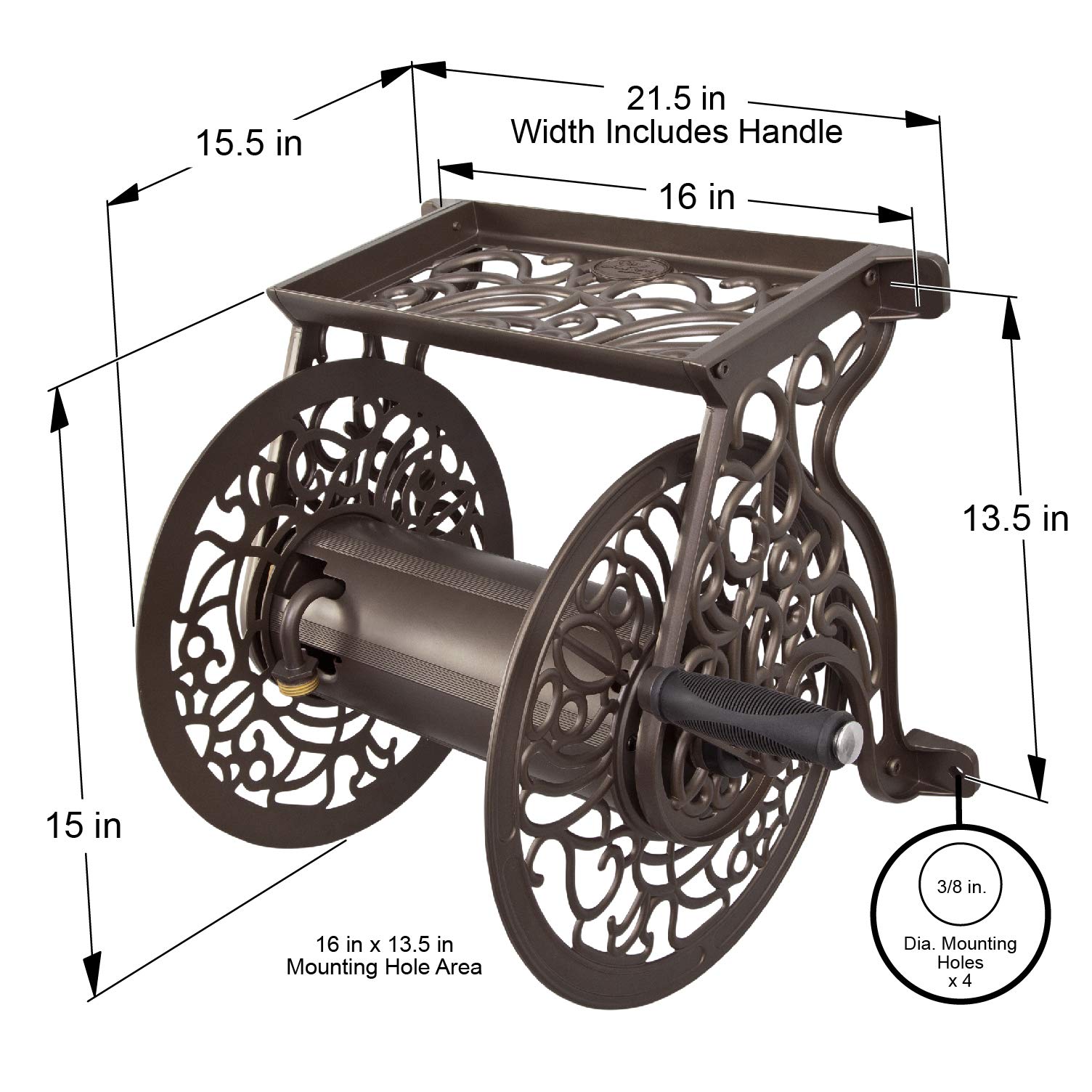 Liberty Garden shelf holding nozzle and gloves for organized gardening convenience