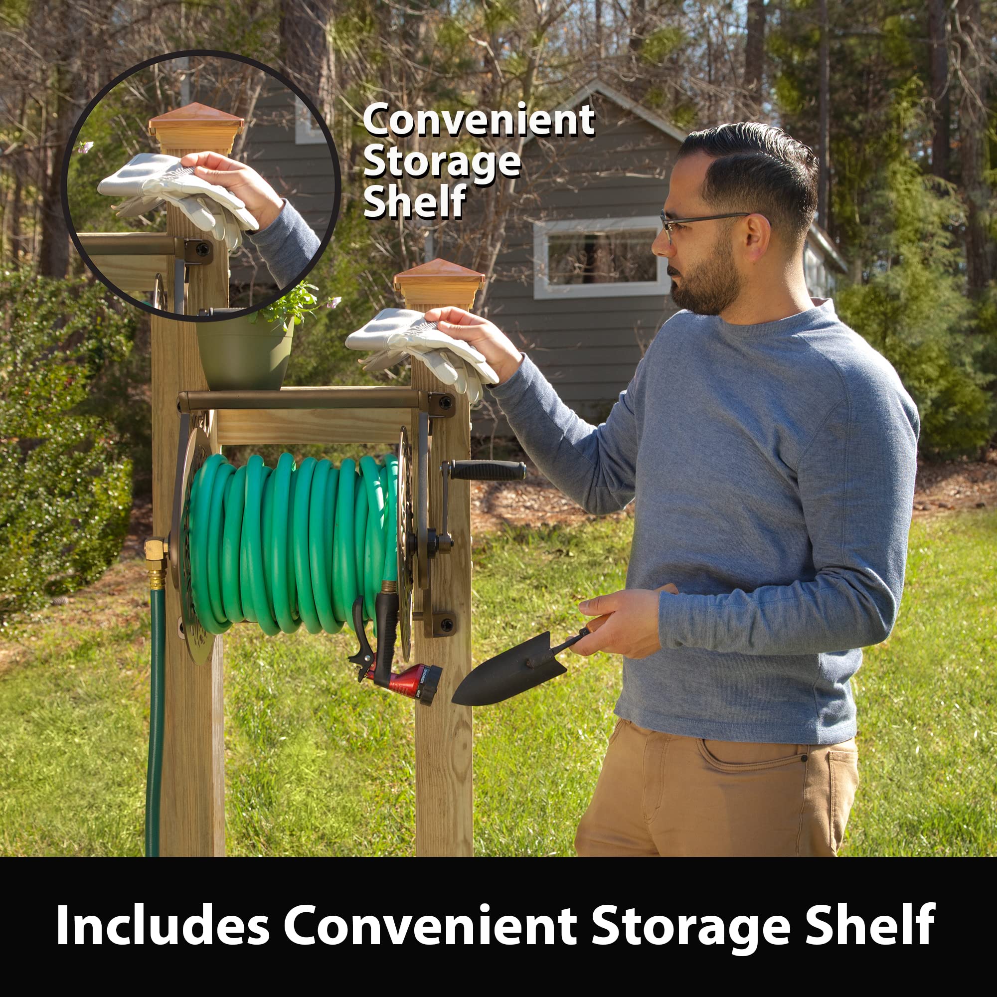 Liberty Garden reel with hose pulled out in garden showing easy access and use