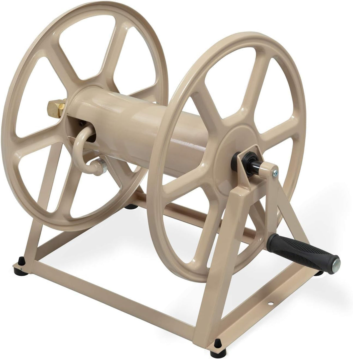 Liberty Garden front view of tan 709 reel showing full drum and connection port for neat storage