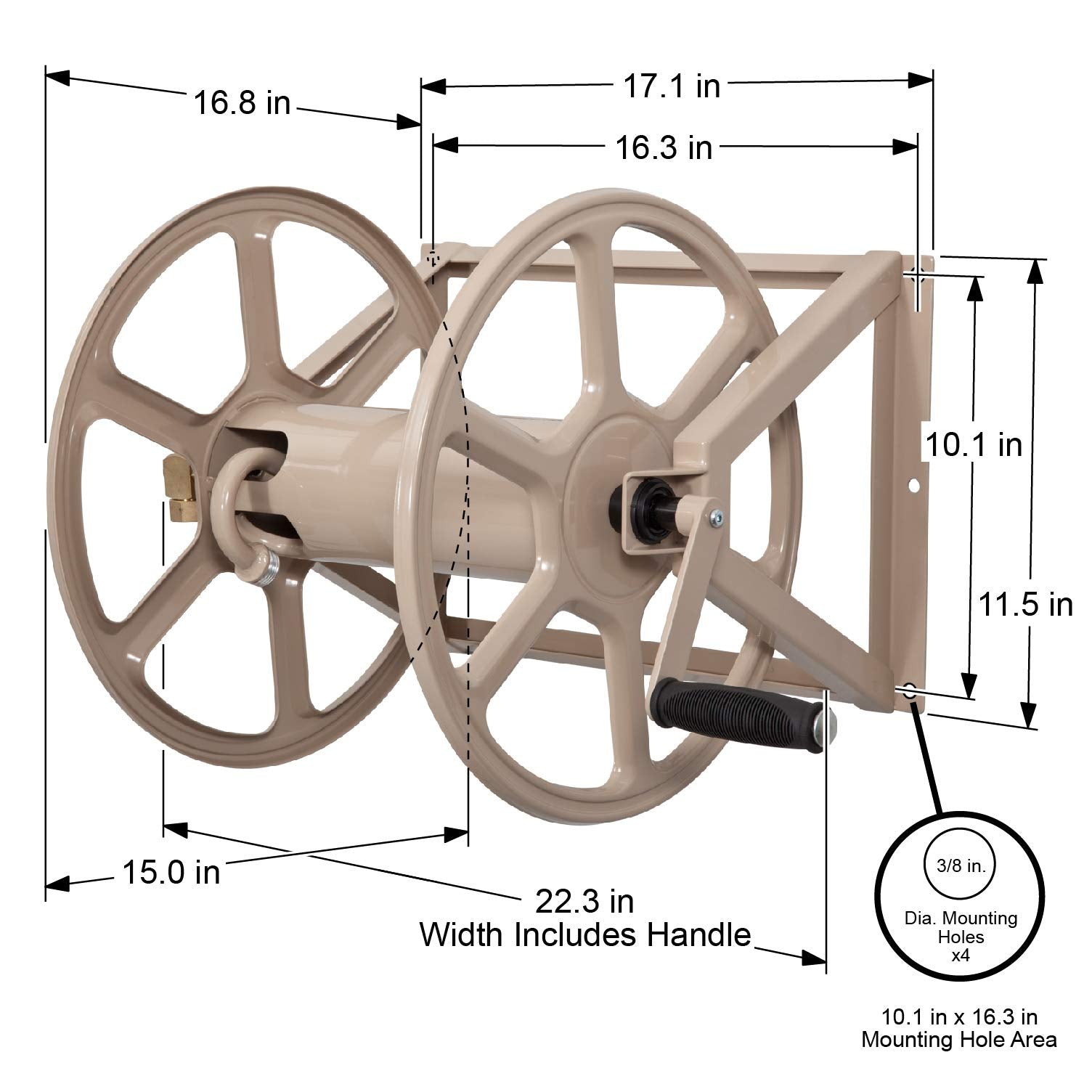 Liberty Garden reel mounted on backyard wall showing organized hose storage and tidy landscaping