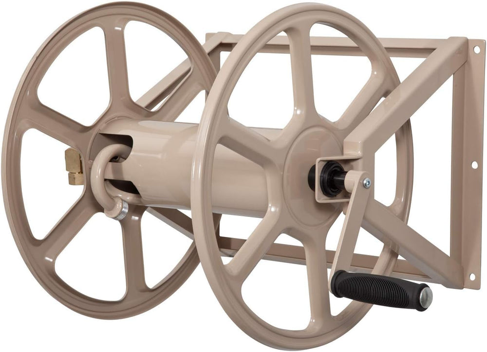 Liberty Garden side profile of steel reel highlighting sturdy frame and compact footprint