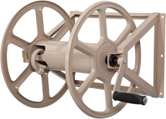 Liberty Garden side profile of steel reel highlighting sturdy frame and compact footprint