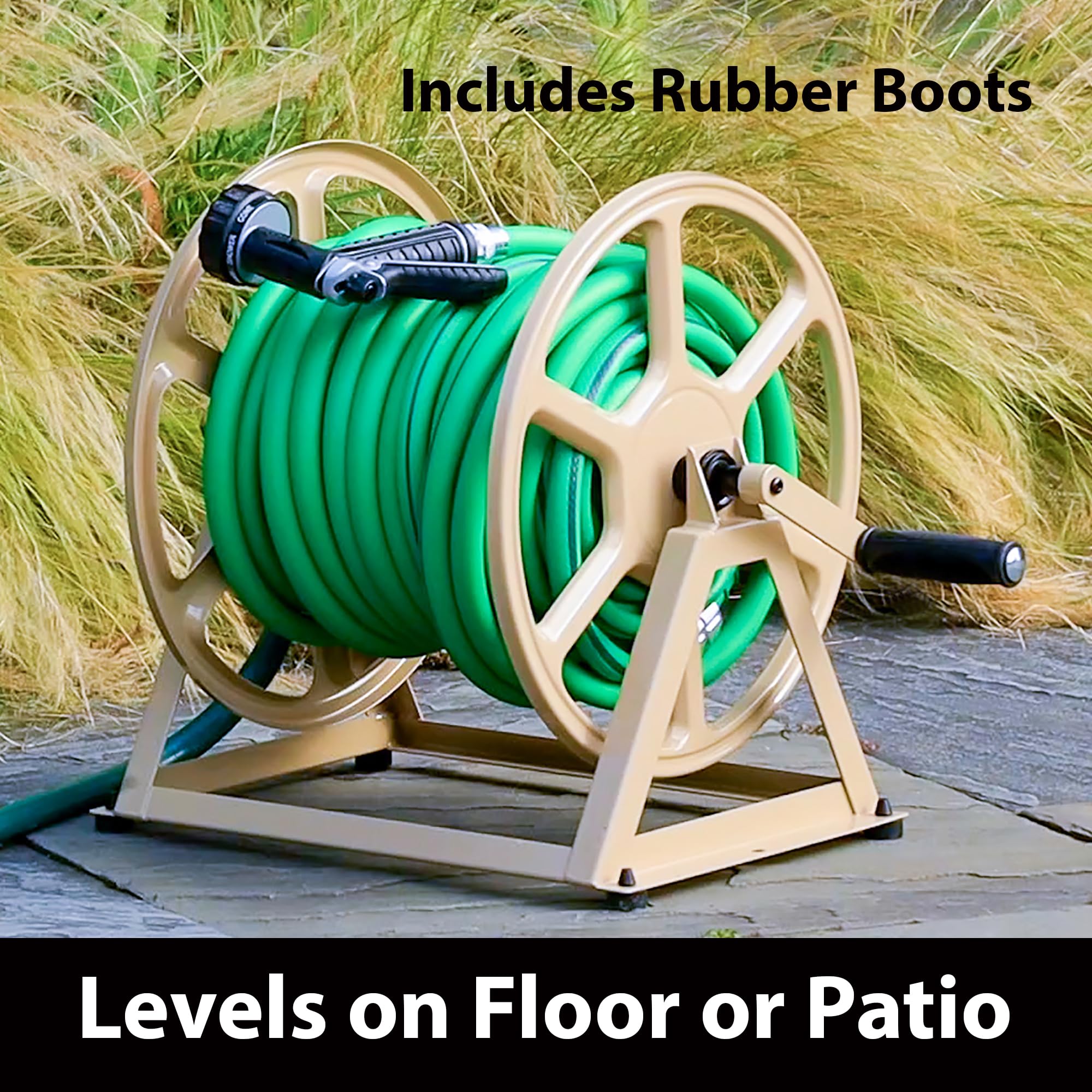 Liberty Garden reel next to tape measure illustrating 17.6 x 22 x 15 inch size for installation planning
