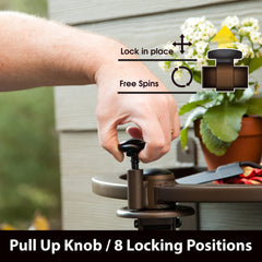Liberty Garden close-up of solid brass swivel reducing hose stress and kinks