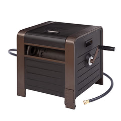 Liberty Garden front view of bronze hose box showing compact storage benefit