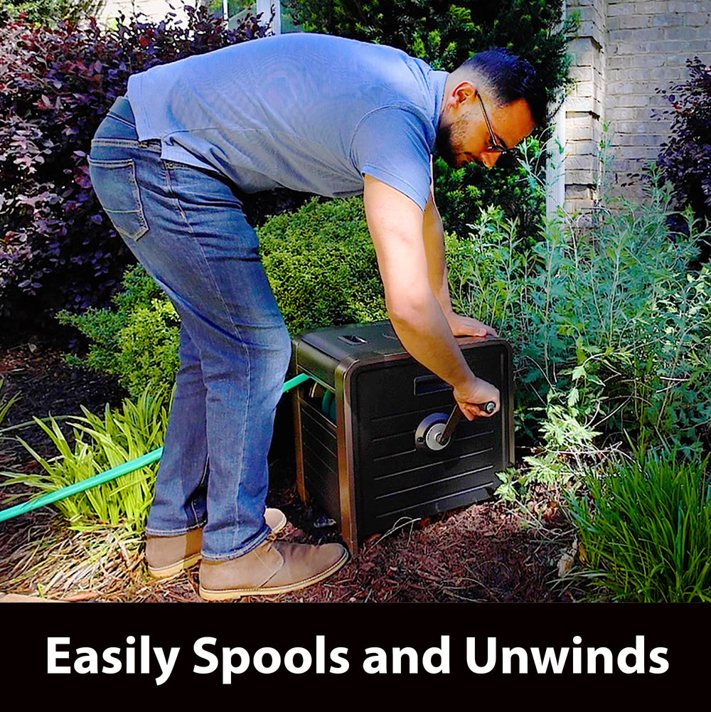 Liberty Garden hose box on patio illustrating neat storage and curb appeal