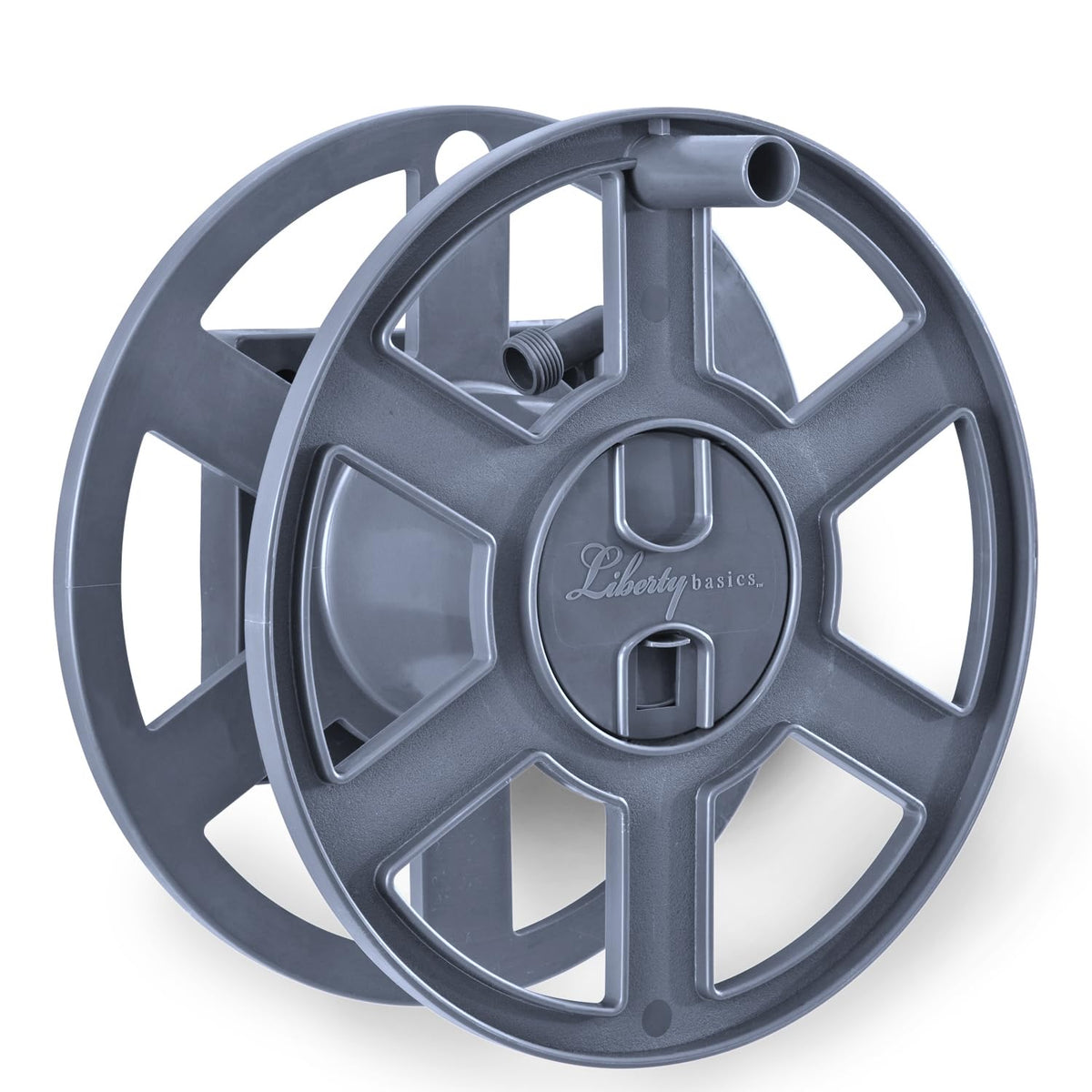 Liberty Garden Basics 510 front view showing compact gray reel and handle, keeps hose tidy