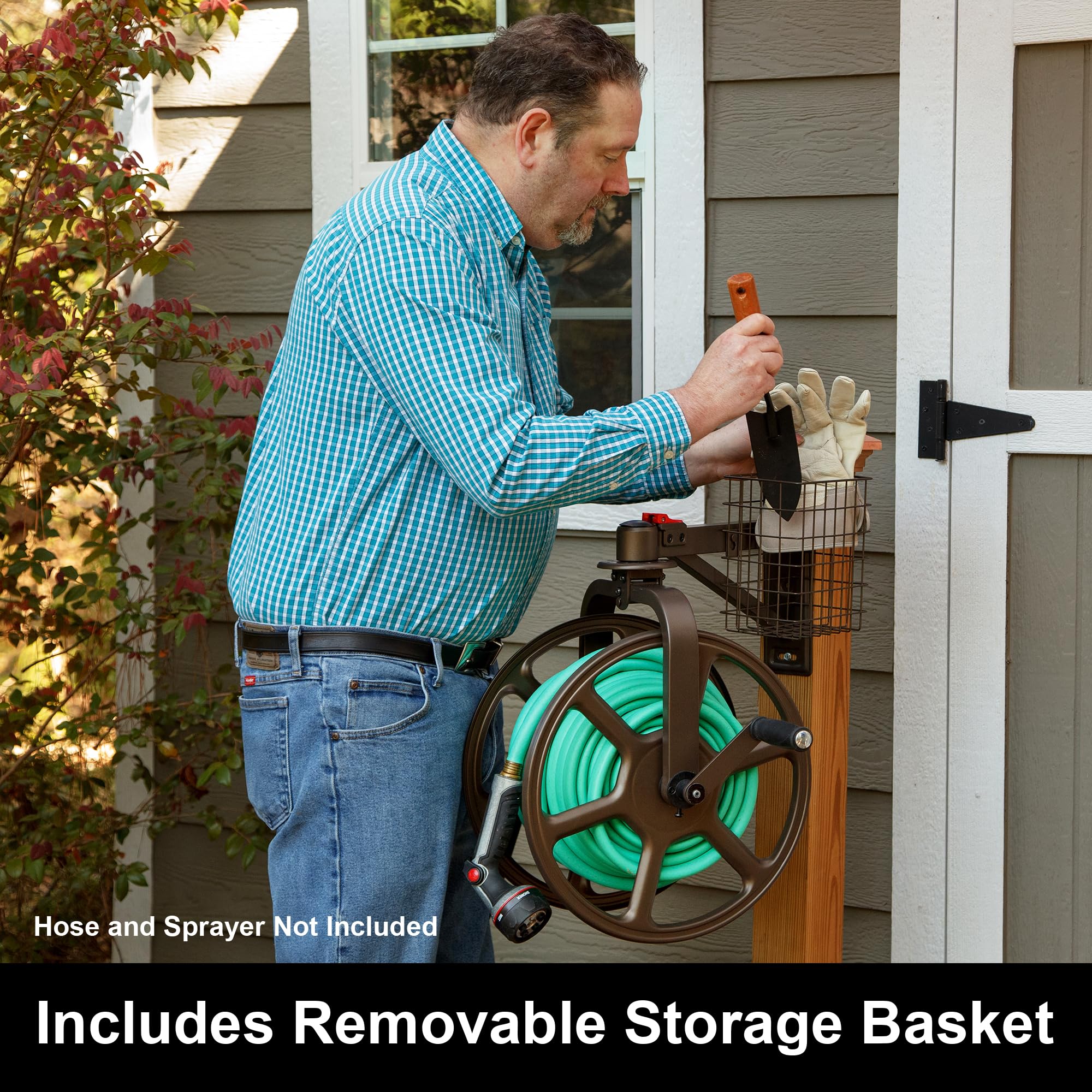 Liberty Garden shot of storage basket and 5ft leader hose showing tool organization