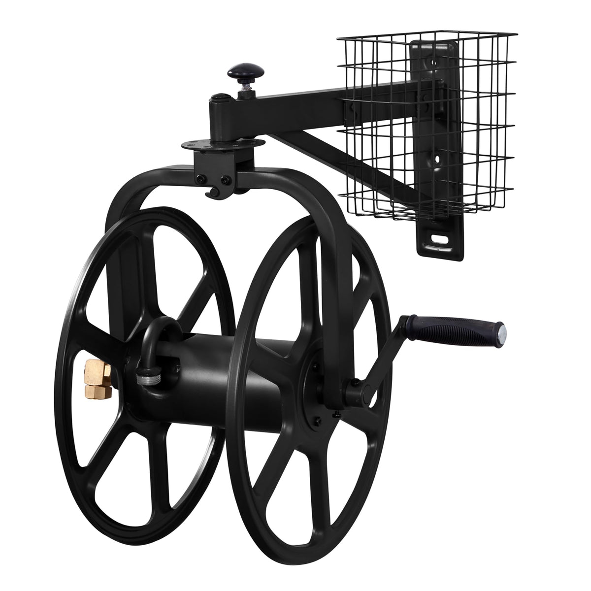 Liberty Garden front view of hose reel showing compact wall-mounted design and neat storage benefit