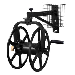 Liberty Garden front view of hose reel showing compact wall-mounted design and neat storage benefit