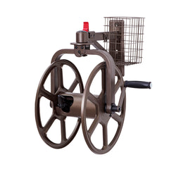 Liberty Garden front view of bronze hose reel showing compact wall mount and hose capacity