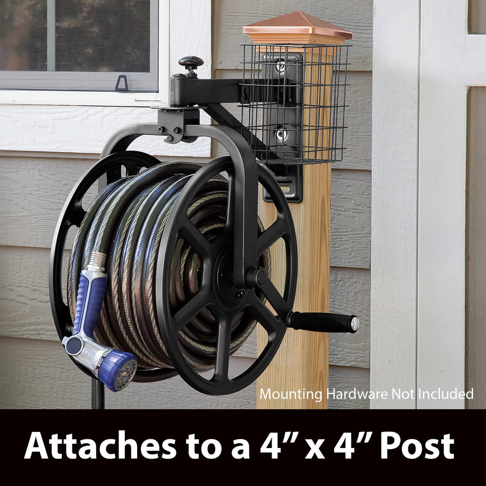 Liberty Garden reel mounted on garden wall demonstrating space-saving and organized hoses