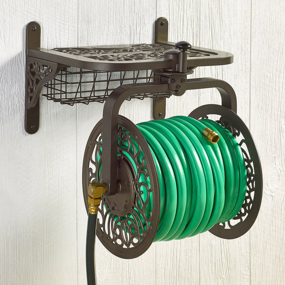 Liberty Garden top shelf lifted to show hidden basket for neat tool organization