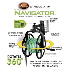 Liberty Garden side profile highlighting single-arm construction for smoother hose flow and durability