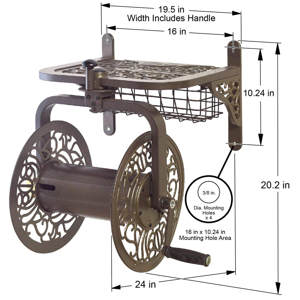 Liberty Garden reel beside coiled hose to show scale and 125-foot holding capacity