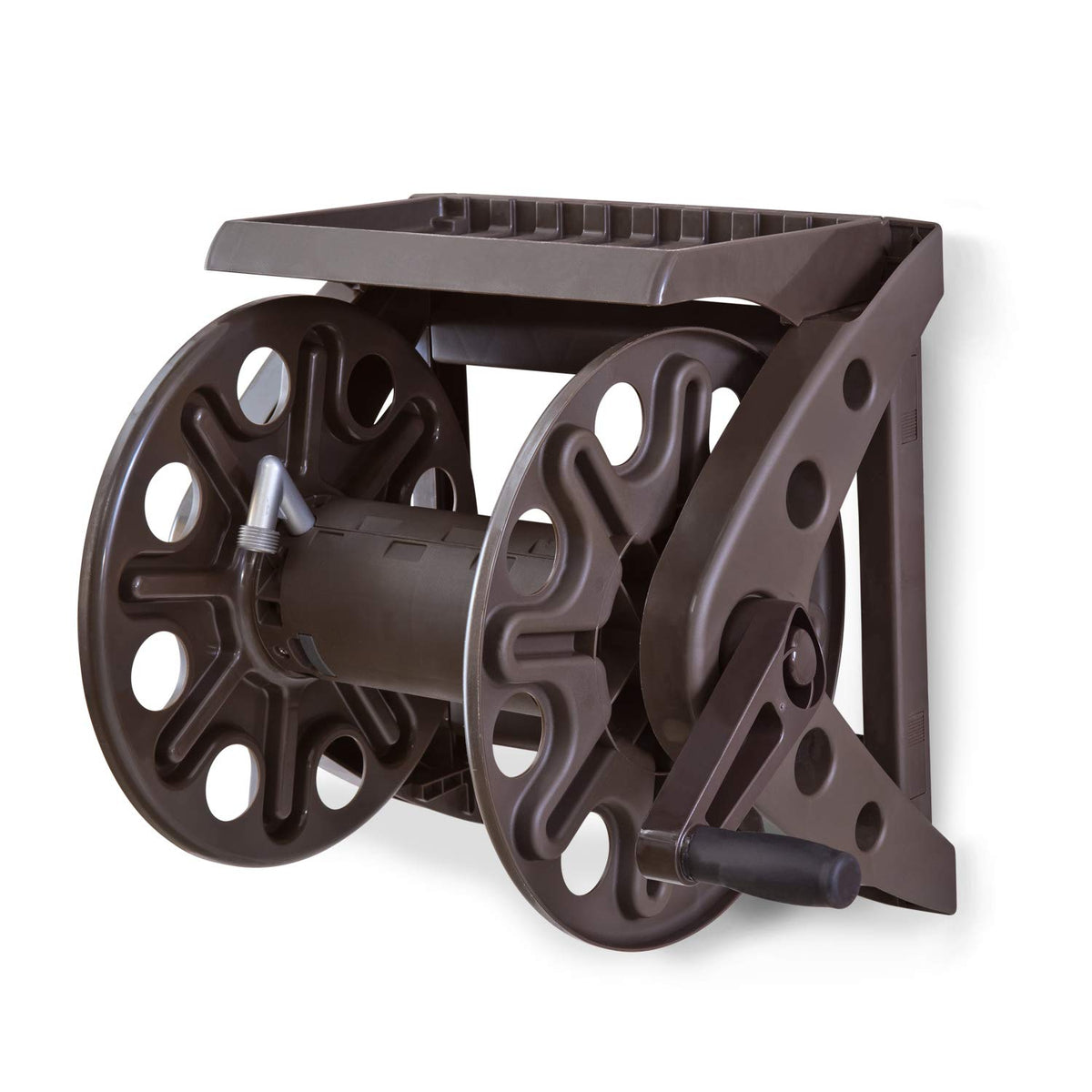 Liberty Garden front view of bronze wall-mounted hose reel showing compact storage benefit
