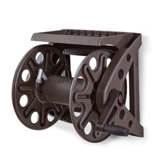 Liberty Garden front view of bronze wall-mounted hose reel showing compact storage benefit