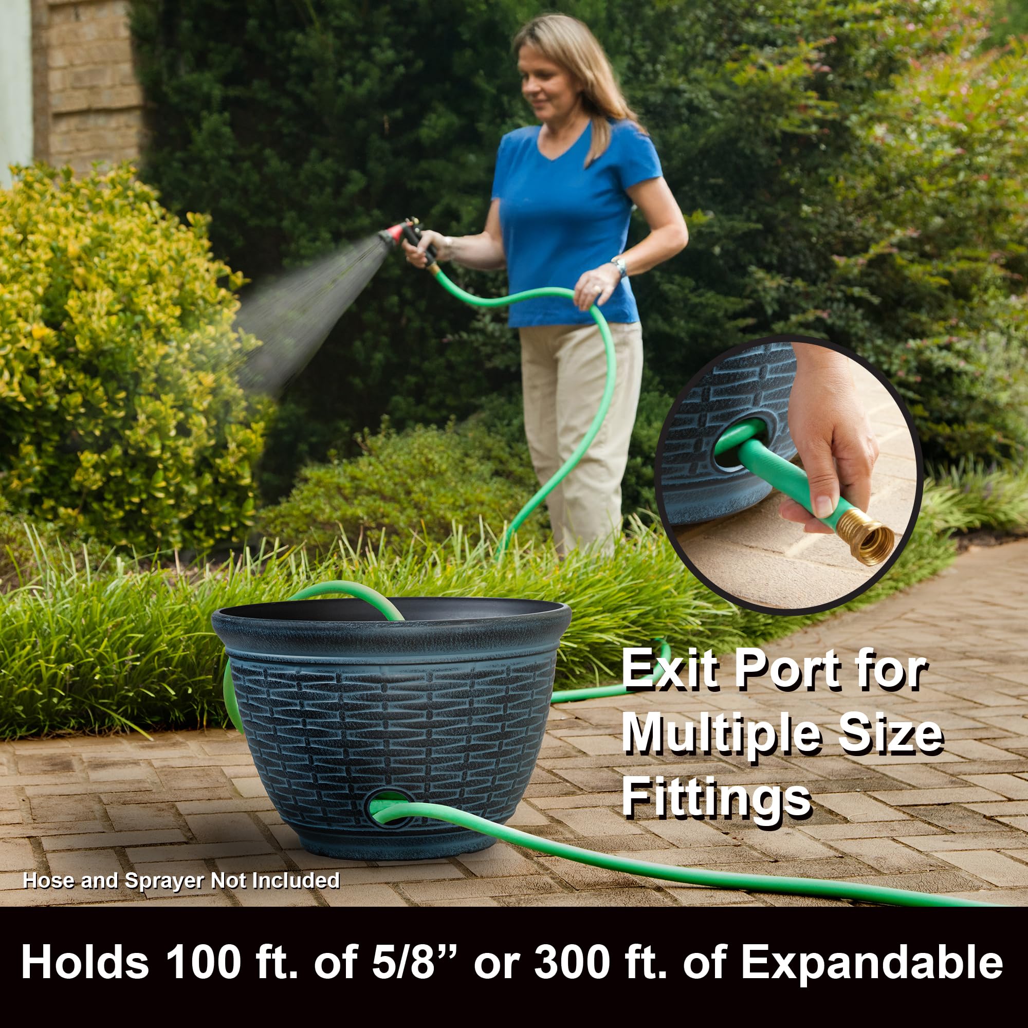 Liberty Garden open pot with coiled hose inside showing easy storage access