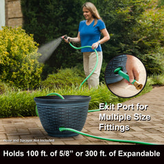 Liberty Garden open pot with coiled hose inside showing easy storage access