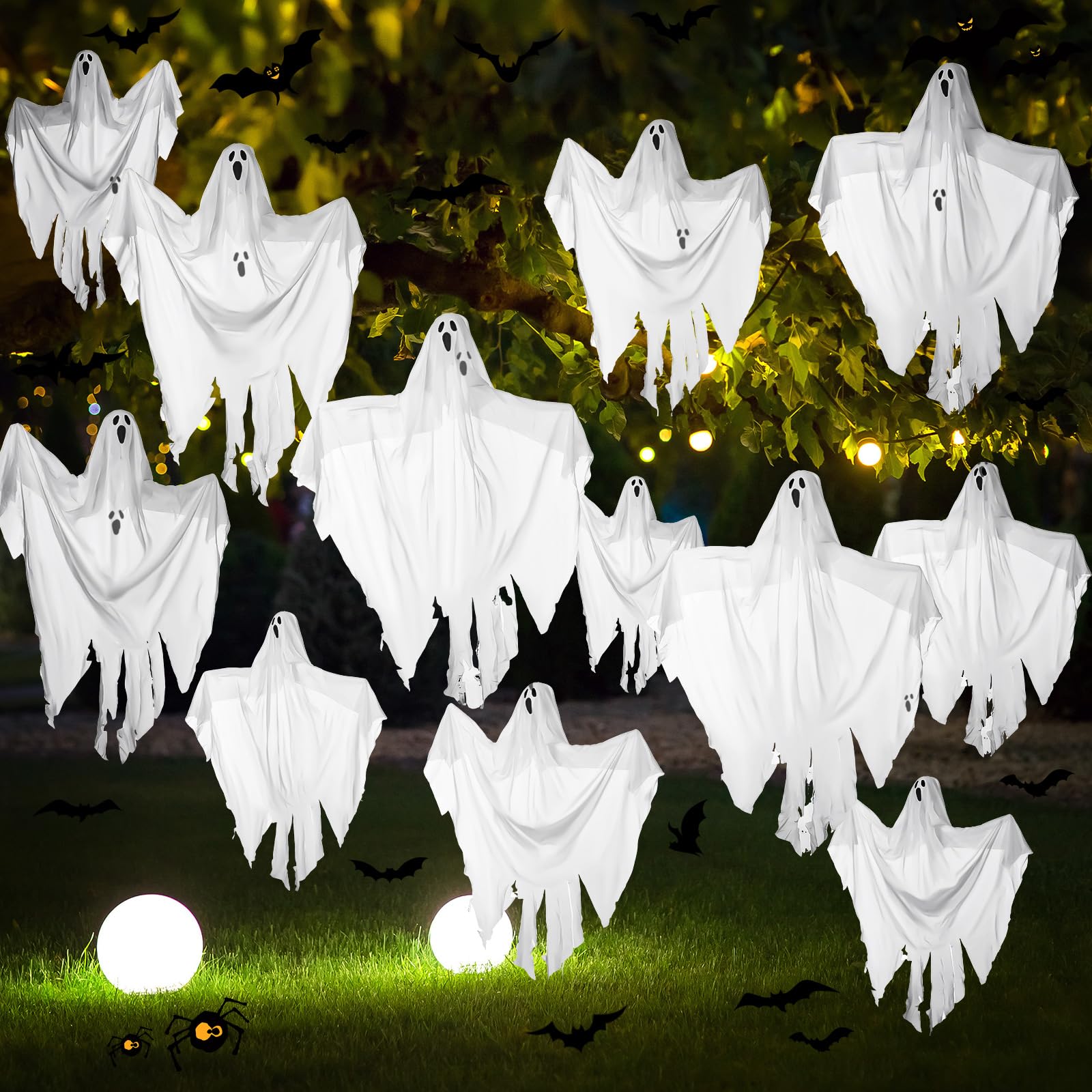 Libima front view of 12 hanging ghosts, adds instant Halloween atmosphere
