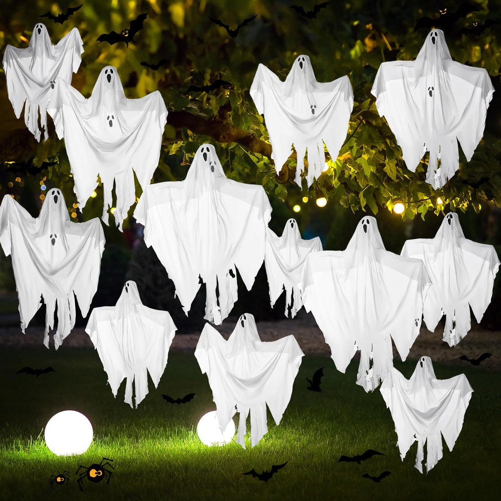 Libima front view of 12 hanging ghosts, adds instant Halloween atmosphere