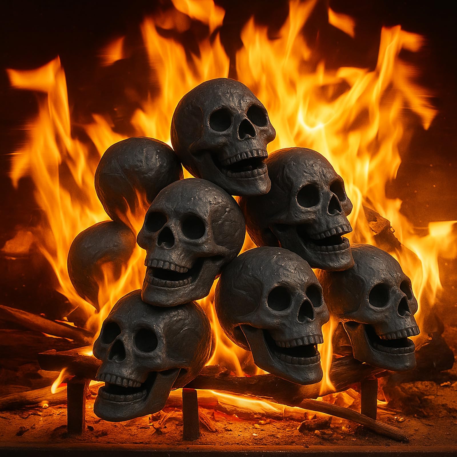 Libima front view of six black ceramic skulls showing set benefit of dramatic firelight