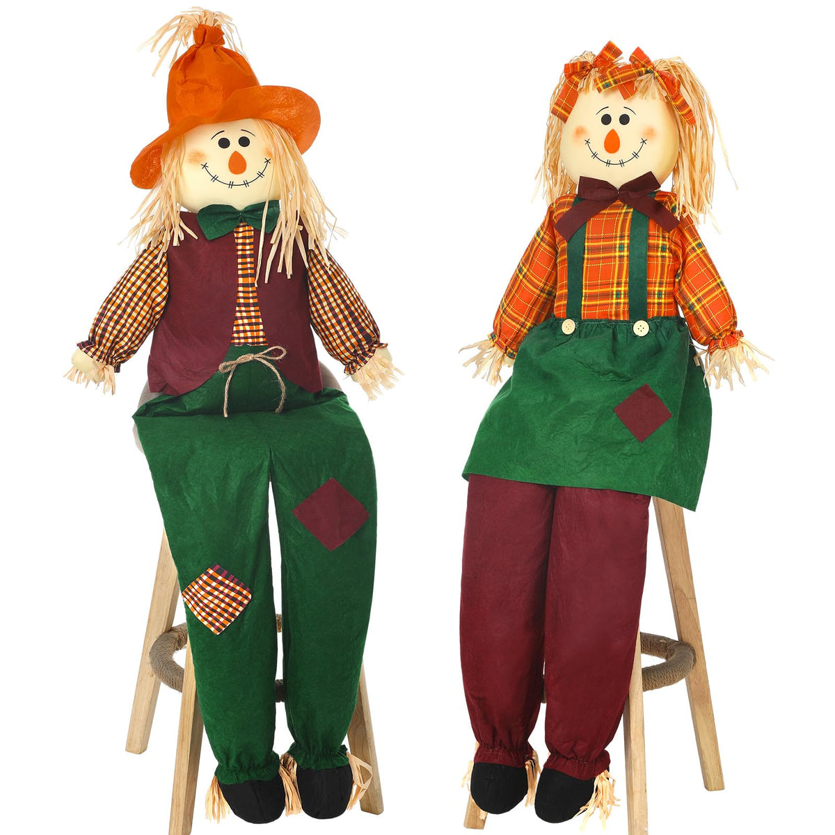 Libima front view of sitting scarecrows showing friendly fall welcome