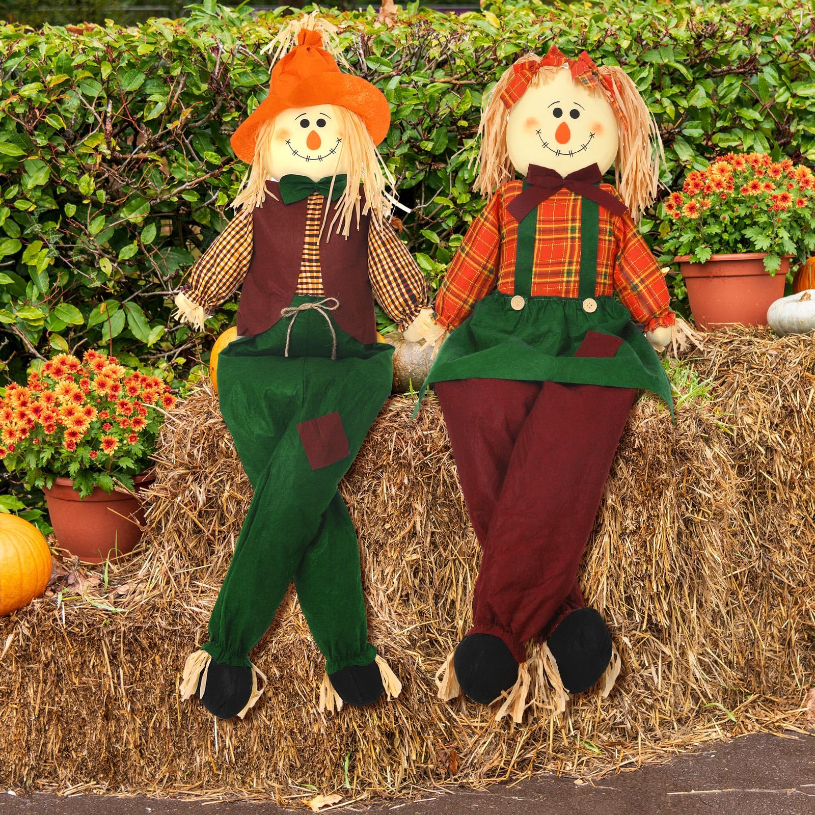 Libima scarecrows staged with pumpkins for warm seasonal styling