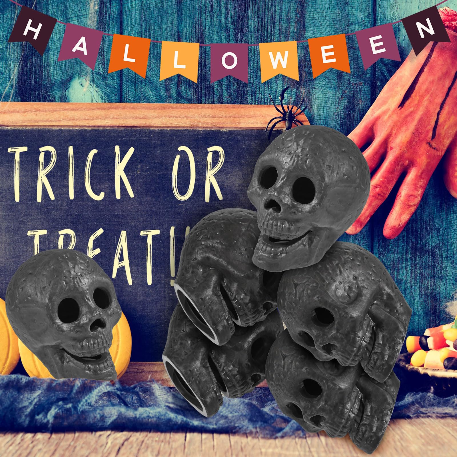 Libima outdoor Halloween scene with skulls around fire pit creating atmospheric lighting