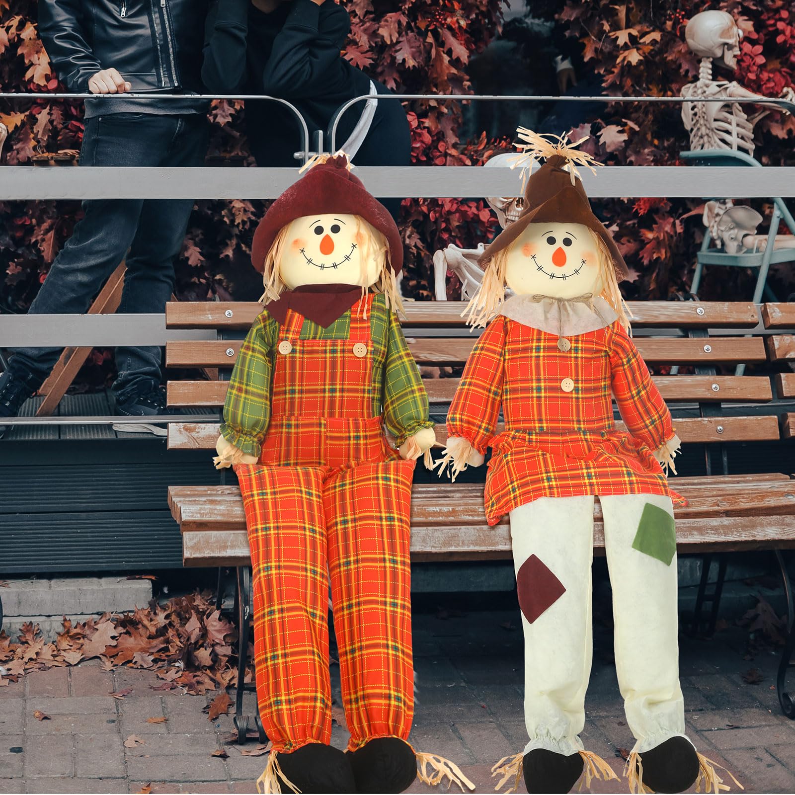 Libima scarecrows posed on a porch showing seasonal decorating benefit