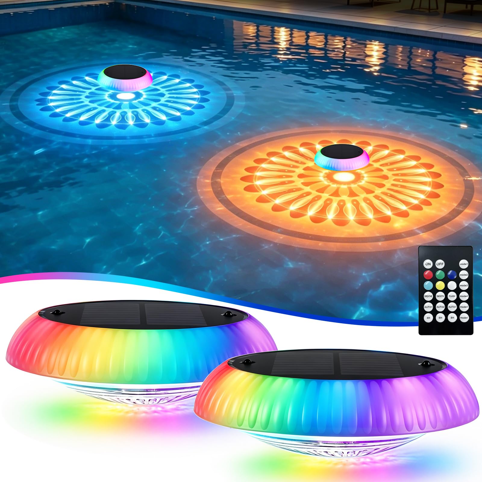 LIBOZMKO front view of floating lights showing vibrant pool effect