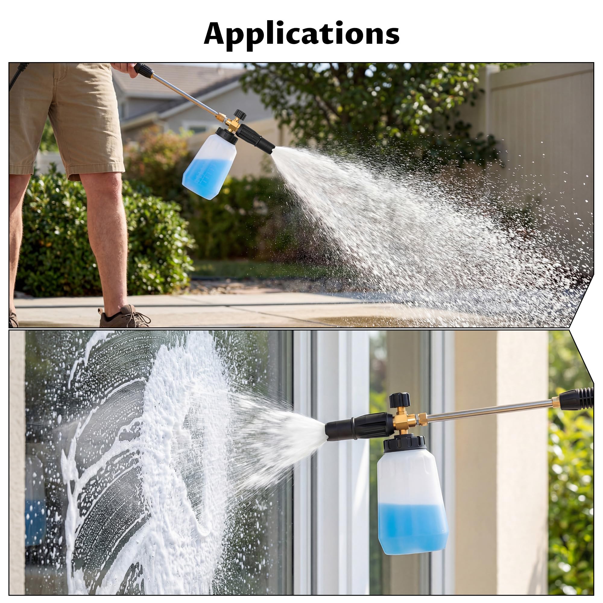 Lichamp foam cannon next to garden hose for size and scale comparison