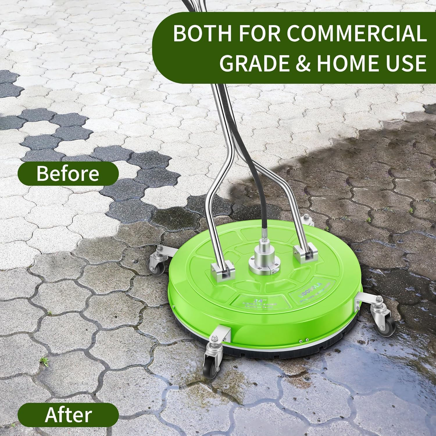 LidoDola next to pressure-washer wand illustrating time-saving scale benefit