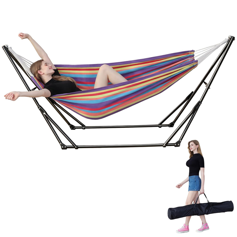 LIEVIM hammock front view showing full stand and fabric for instant lounging
