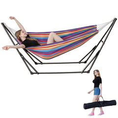 LIEVIM hammock front view showing full stand and fabric for instant lounging
