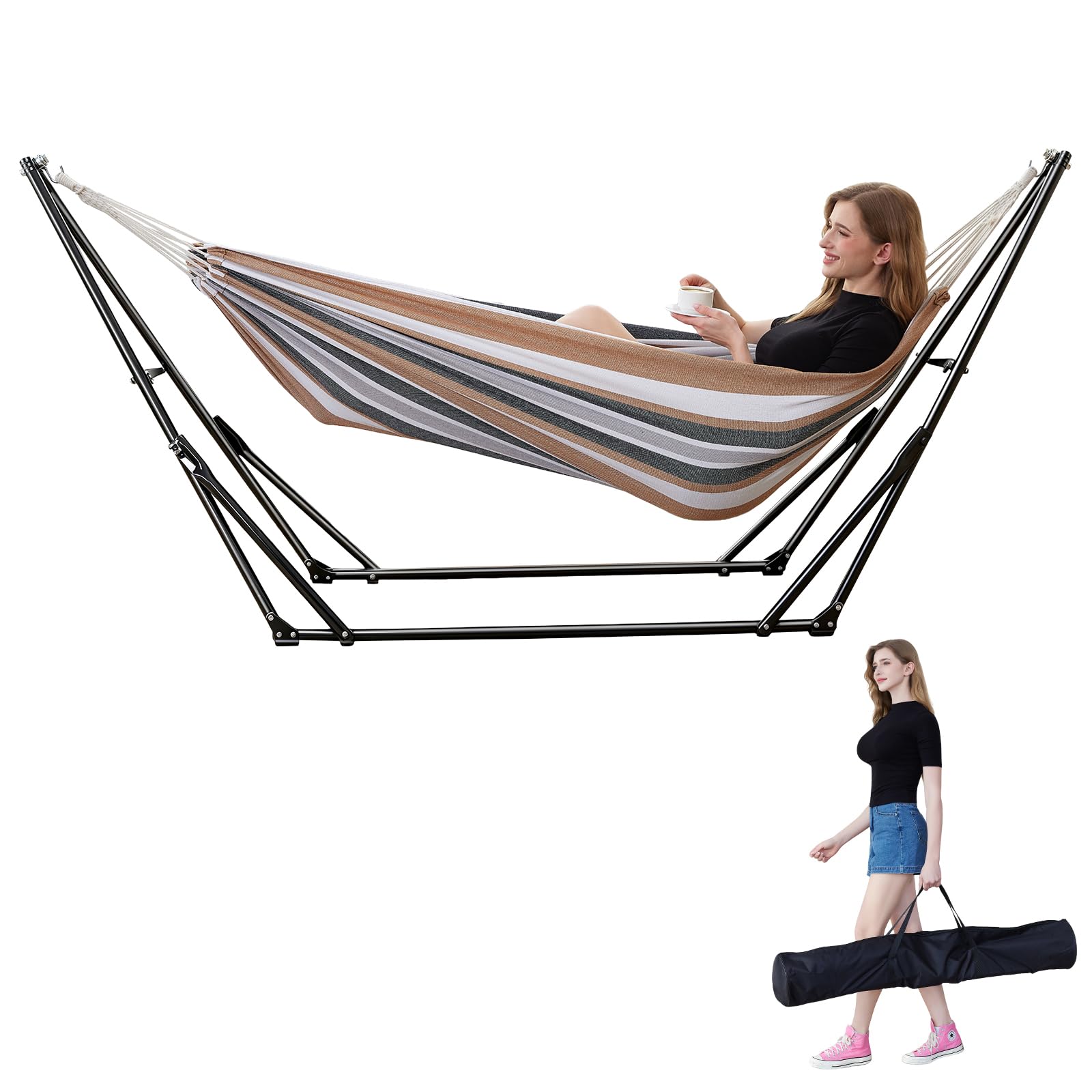 LIEVIM hammock and stand fully set up showing stability benefit