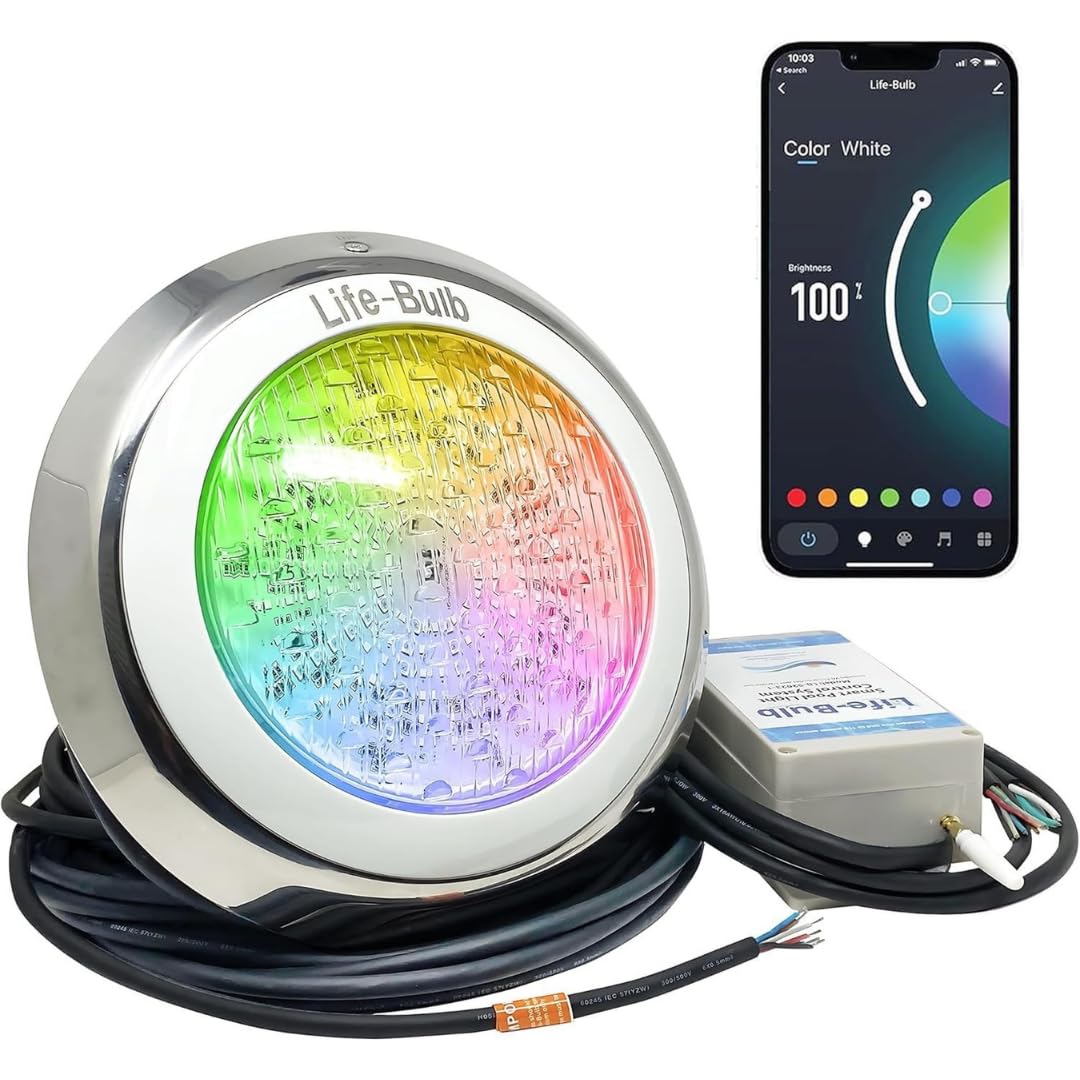 Life-Bulb front-mounted pool light showing bright color and even illumination