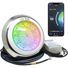 Life-Bulb front-mounted pool light showing bright color and even illumination