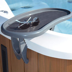 LIFE tray table in use on a spa with drinks and phone providing hands-free convenience