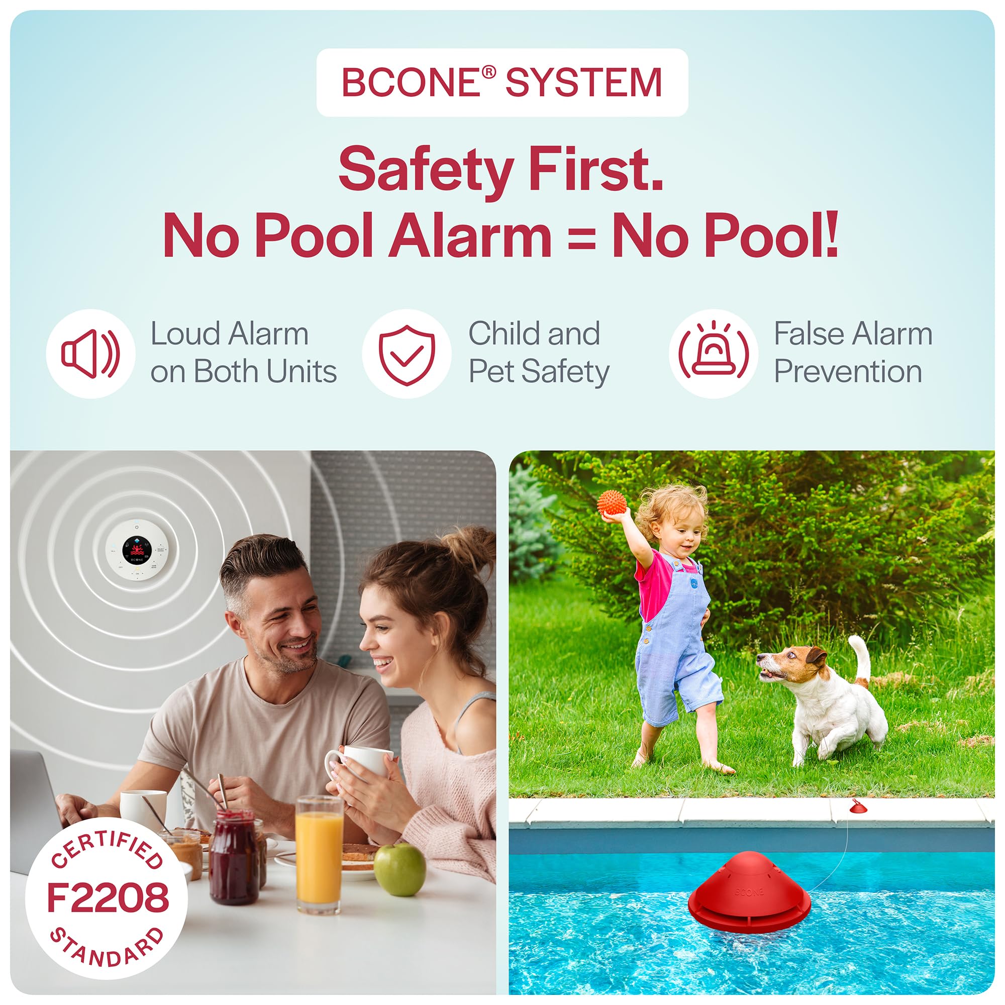 Lifebuoy BCONE floating in pool showing instant detection and fast alert benefit