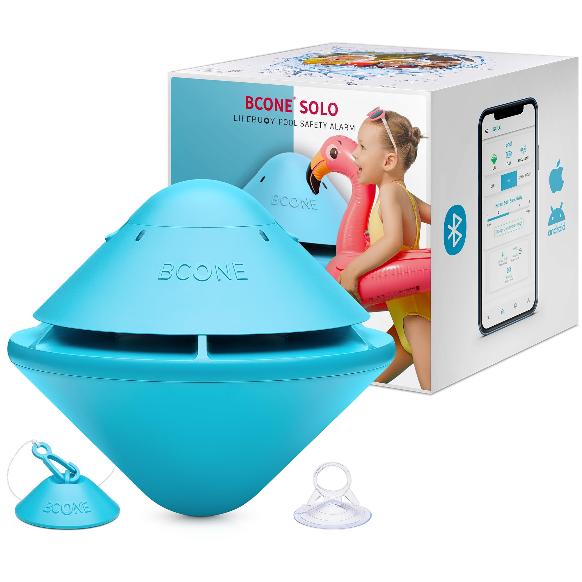 Lifebuoy Solo front view on pool surface showing compact alarm and clear labeling, increases pool awareness