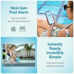 Lifebuoy Solo floating in a backyard pool near swimmers, demonstrates audible alarm presence for safety