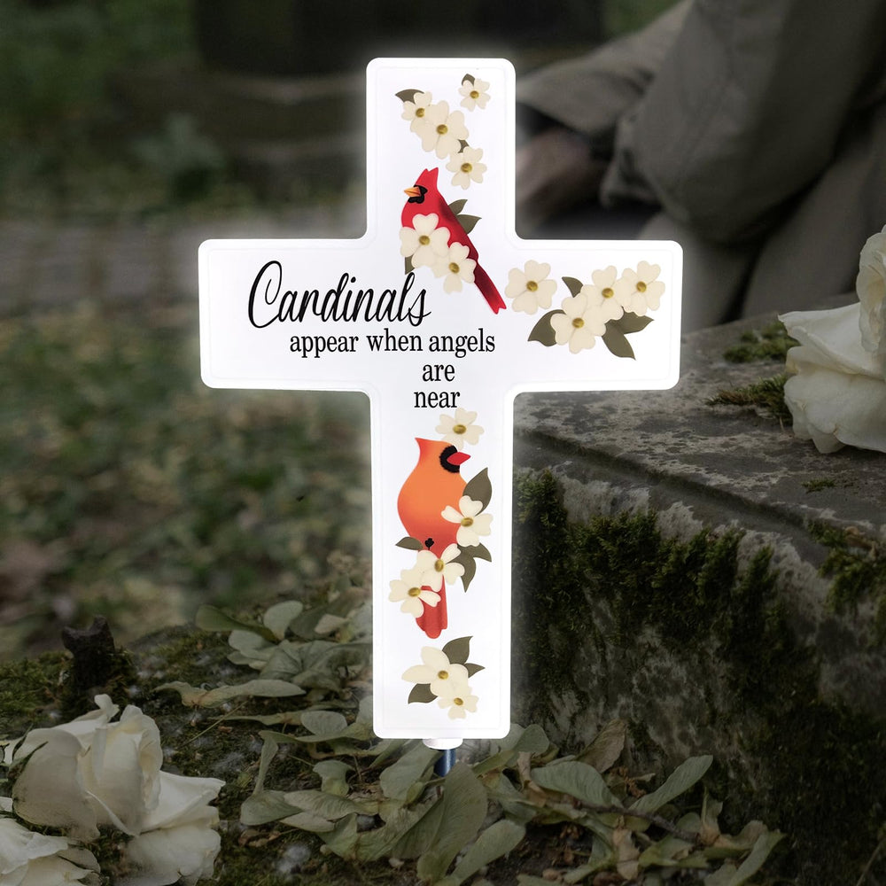 Lifeholic solar cross front view showing white LED cross and stake, clear memorial lighting