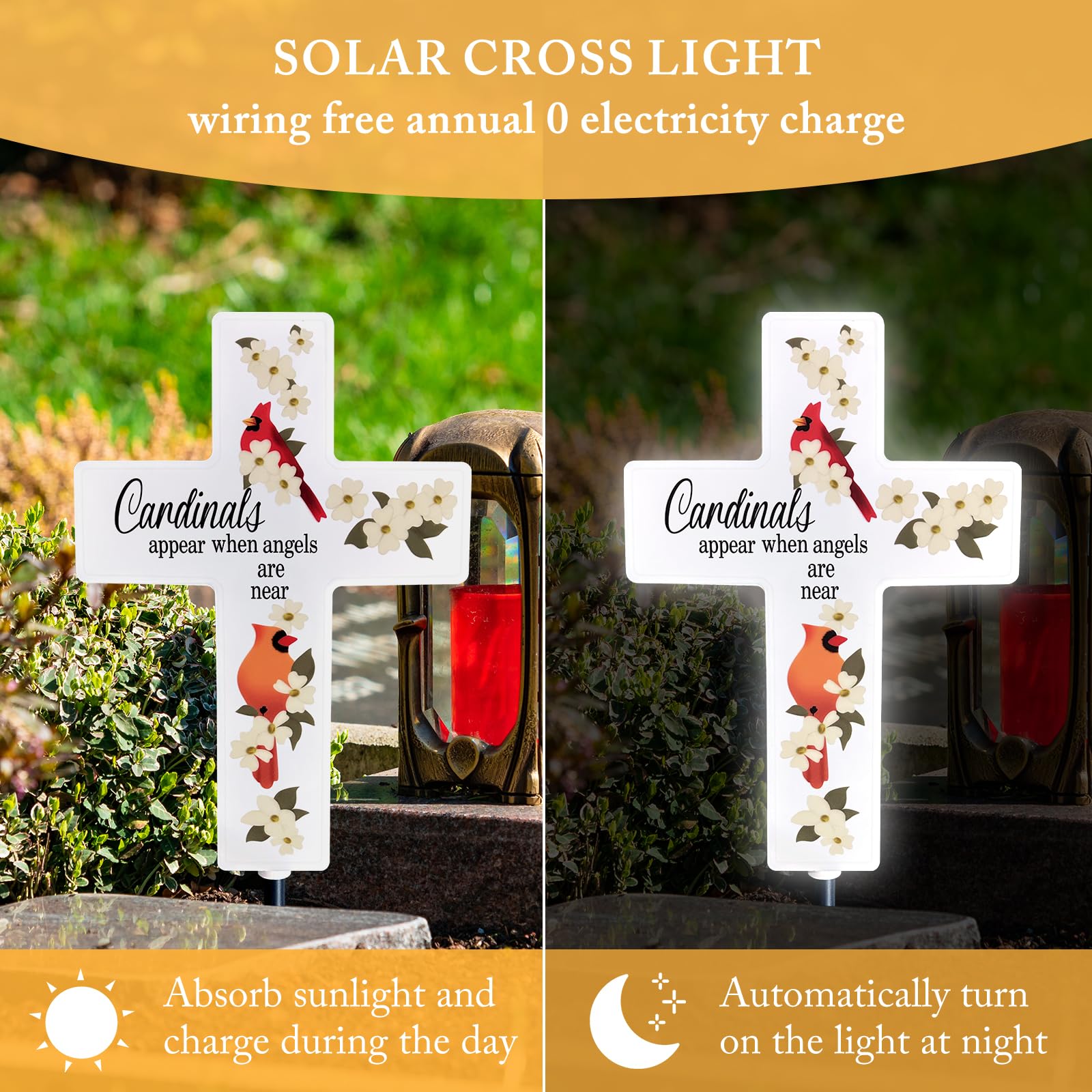 Lifeholic solar cross inserted into soil at gravesite, demonstrating stable ground placement