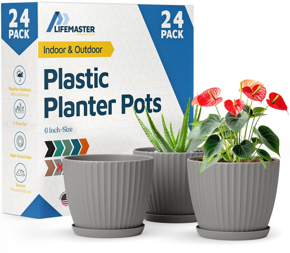 Lifemaster front view of 24-pack showing minimalist gray planters protecting surfaces