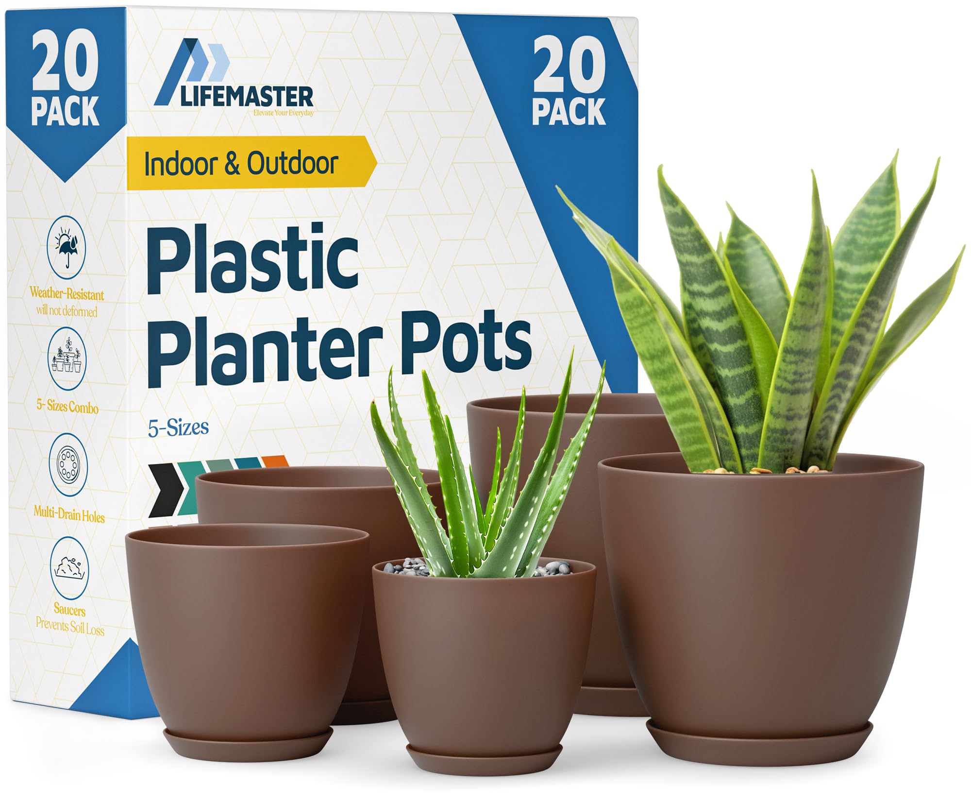 Lifemaster front view of 20 brown pots showing tidy modern look and organized storage benefit