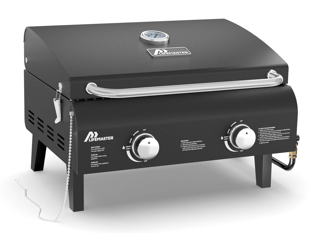 Lifemaster front view showing portable grill and durable finish for reliable cooking